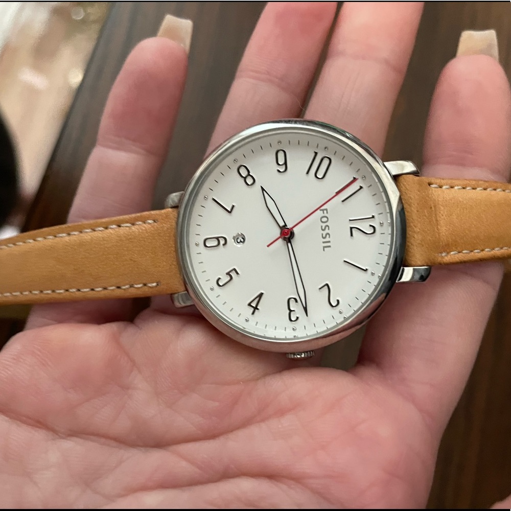 Fossil silver watch white face nude leather band
